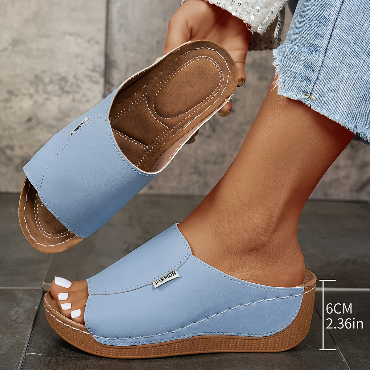 Women's Light Blue Open Toe Platform Sandals with Brown PU Cover Inner Layer, Comfortable Low Heel Summer Shoes, 6cm Width, TPR Sole, Hand Wash or Dry Clean, Summer Footwear | Sleek Footwear | Cushioned Insole, Strappy Sandals