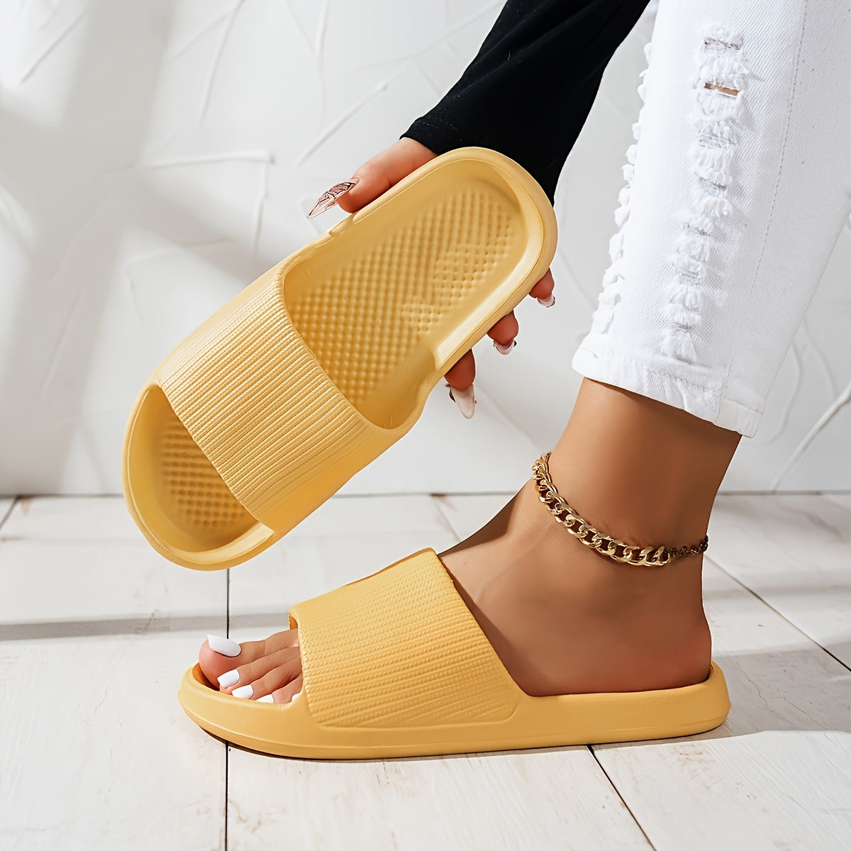 Women's Pink EVA Slide Sandals - Thick Sole, Non-Slip, Open Toe, Ribbed Texture for Beach & Indoor/Outdoor Use, Summer Sandals