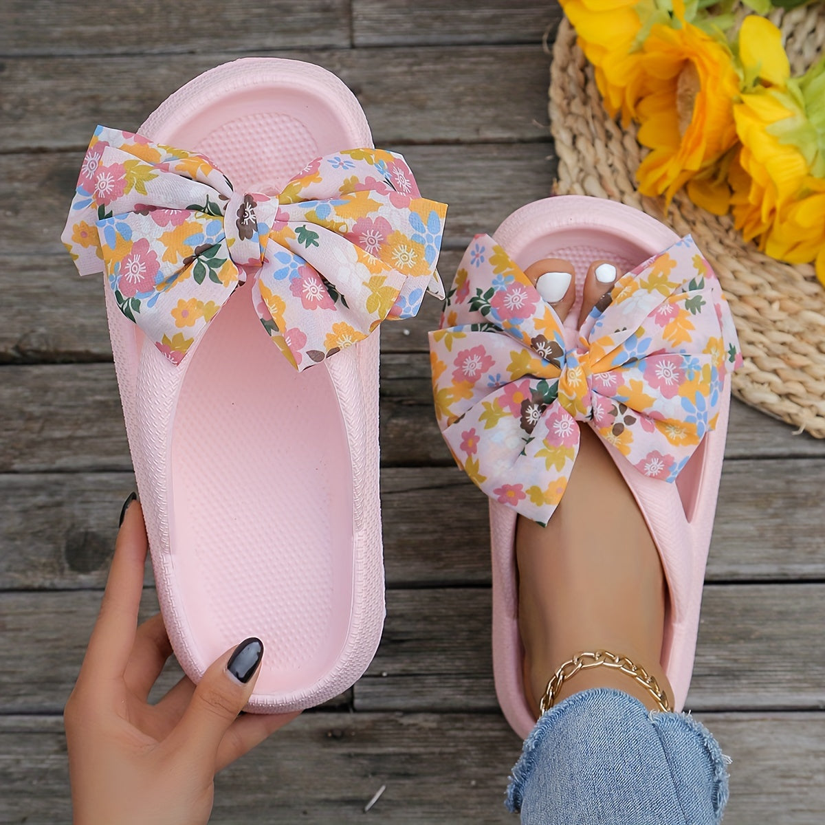 Elevated Womens Flip Flops - Fashionable Solid Color with Soft Cushioned Platform - Ultra-Comfortable Slip-On Design, Non-slip Beach Slides Enhanced with Stylish Floral Bowknot Decor