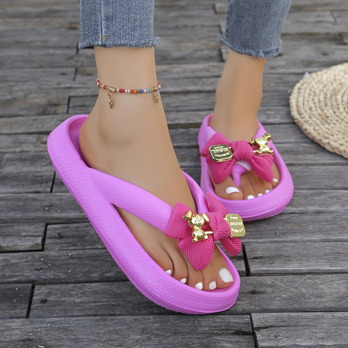[Cute Bear Flip Flops] Soft Cloud Slides Women's Summer Casual Flip Flops | Cute Cartoon Bear Bow Design, Thick Sole Non-Slip, Large Size Ladies Shoes, Flat Heel EVA Material, Beach Vacation Slip-On Slippers, Dorm Home Daily Leisure