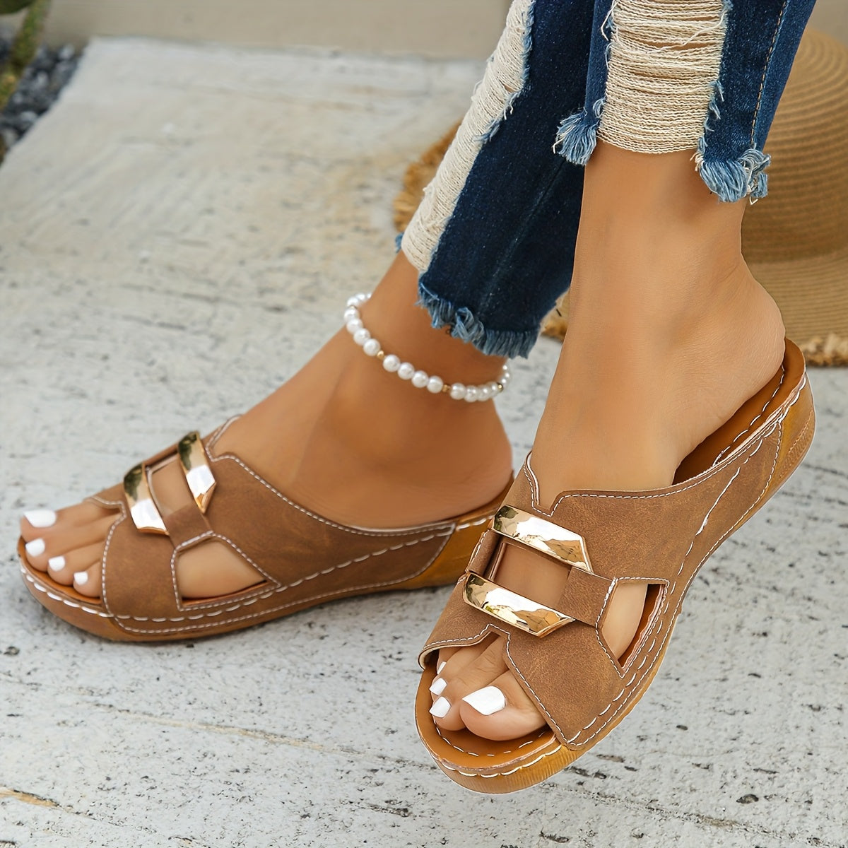 [Women's Wide Width Sandals] Women's Wide Width Summer Sandals - Non-Slip Soft Sole, Open Toe Platform Wedge Heel, Thick Rubber Sole, Synthetic Cover Upper, Brown & Golden Accents for Beach, Casual Outings, Strappy Sandals, Beach Footwear, Fashionable