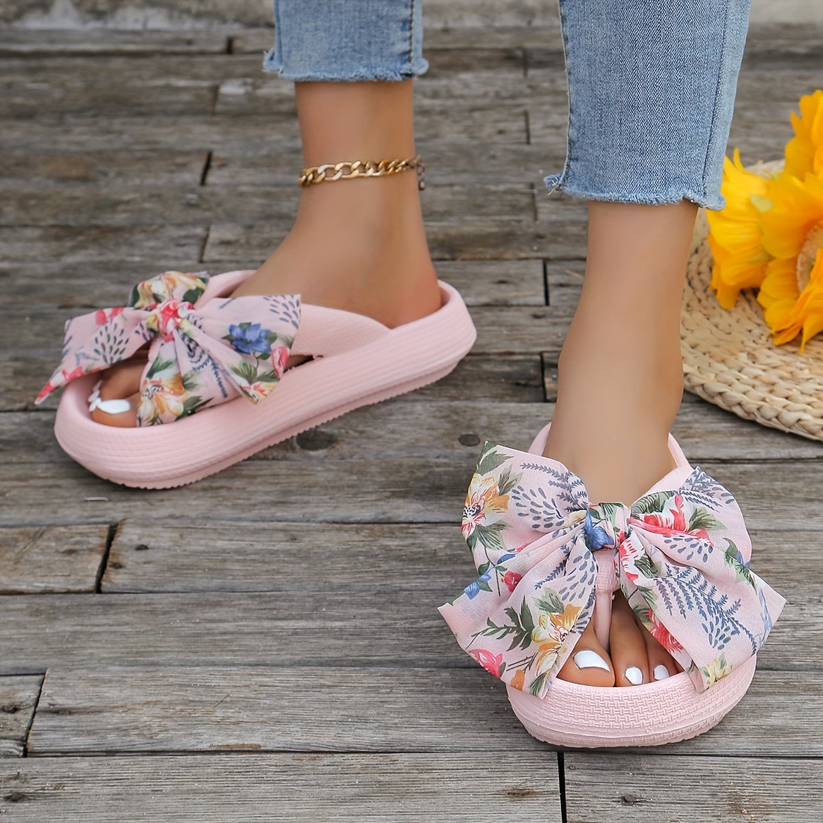 Elevated Womens Flip Flops - Fashionable Solid Color with Soft Cushioned Platform - Ultra-Comfortable Slip-On Design, Non-slip Beach Slides Enhanced with Stylish Floral Bowknot Decor
