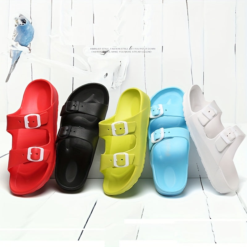 Womens Solid Footbed Sandals - Stylish Open Toe Buckle Slides - Lightweight EVA for Summer Beach Sports & Casual Comfort