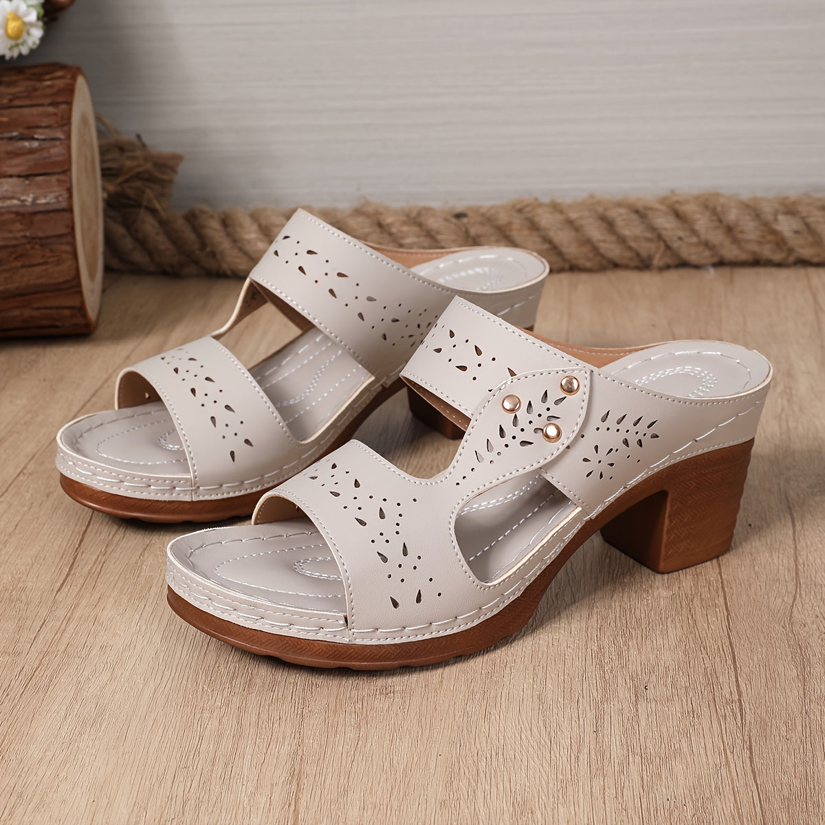 Women's Summer Adjustable Ankle Strap Wedge Sandals, Comfortable Non-Slip Thick Sole Casual Shoes with Breathable Details, Open Toe Design, Vacation Slides | Strappy Sandals with Metal Embellishments, Hand-Stitched, Fashionably Minimalist Elegant
