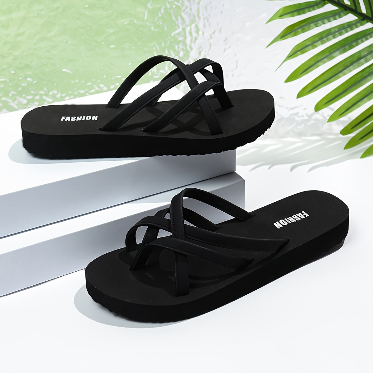 [Summer Slip-On Flip-Flops] Elegant Women's Summer Slip-On Flip-Flops | Cross Strap, Open Toe, Low Heel, Solid Color, EVA Sole, Synthetic Upper & Insole | Casual and Beach Wear