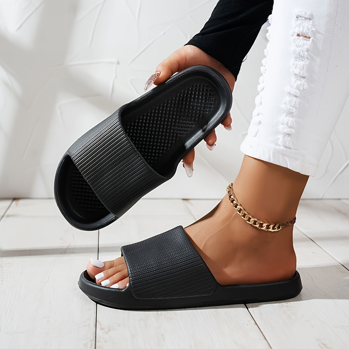 Women's Pink EVA Slide Sandals - Thick Sole, Non-Slip, Open Toe, Ribbed Texture for Beach & Indoor/Outdoor Use, Summer Sandals