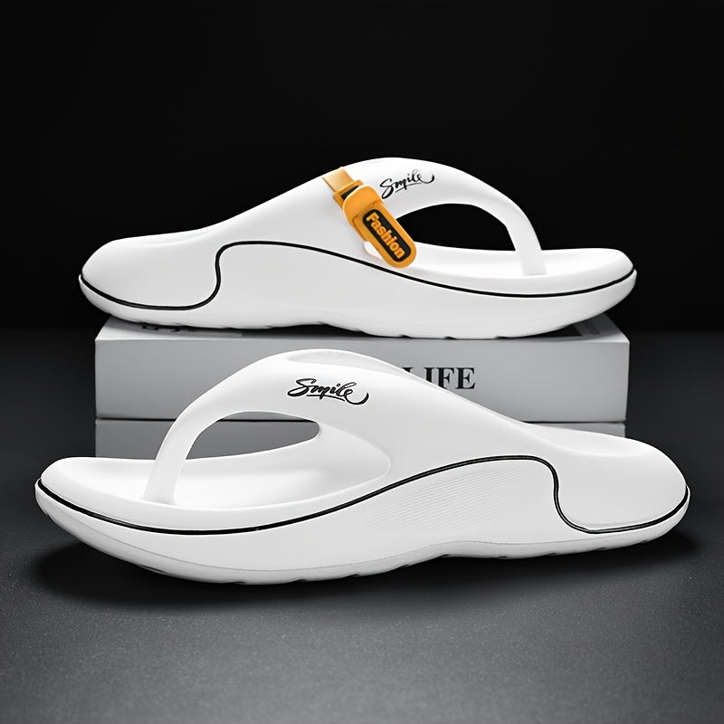 Men's Trendy Non-Slip Flip-Flops, Comfortable Thick Sole Beach Sandals for Summer – White with Black Accents, Durable EVA Material, Casual Outdoor Style, Unisex Design