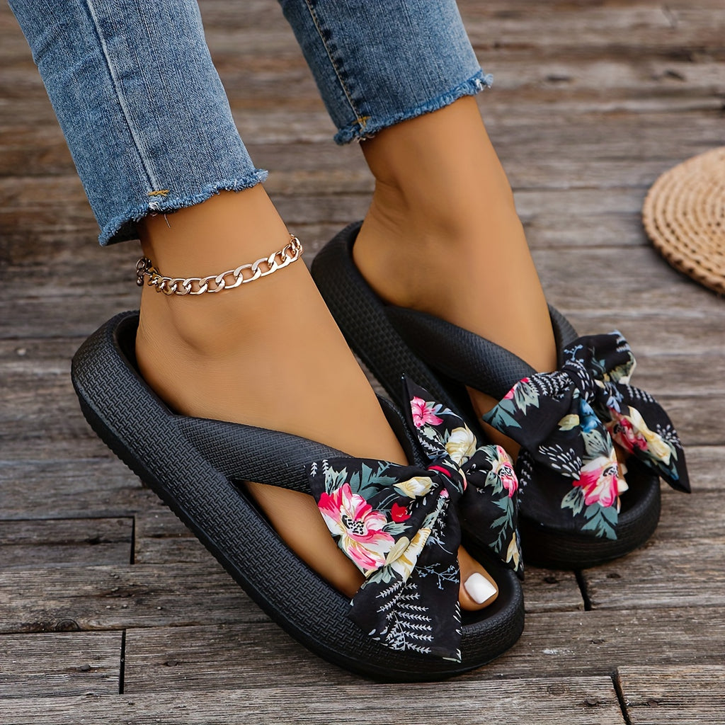 Elevated Womens Flip Flops - Fashionable Solid Color with Soft Cushioned Platform - Ultra-Comfortable Slip-On Design, Non-slip Beach Slides Enhanced with Stylish Floral Bowknot Decor