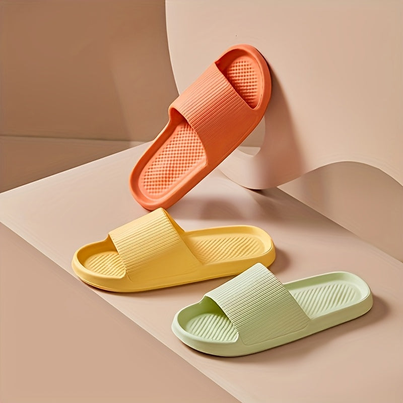 Women's Pink EVA Slide Sandals - Thick Sole, Non-Slip, Open Toe, Ribbed Texture for Beach & Indoor/Outdoor Use, Summer Sandals