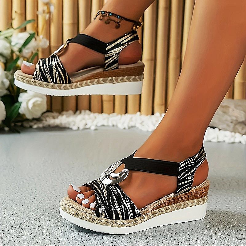 Women'S Strappy Back Wedge Sandals - Summer Casual Open Toe Shoes with Metallic Accents, EVA Sole & Fabric Upper, Slip-On Design