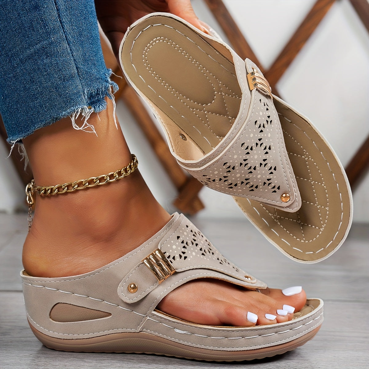 [Summer Sandals] Light Blue Women's Wedge Sandals | 1pc Mid-Heel Platform Summer Shoes with Hollow-Out Design, Open Toe, Slip-On, Casual Fashion Footwear