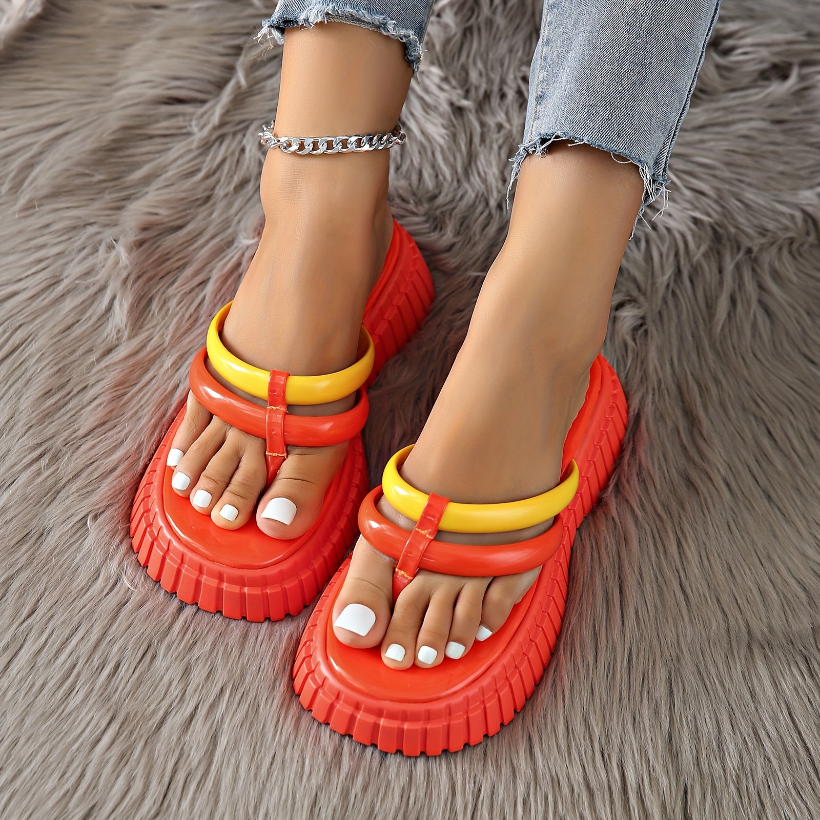 [Thick Sole Trendy Flip Flop] Women's Trendy Solid Color Thick Sole Flip Flop, Soft Comfortable Non Slip Sports Sandals, Casual Versatile Open Toe Slides Slippers