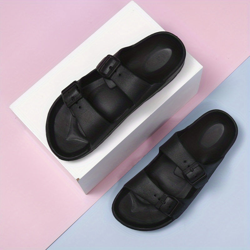 Womens Solid Footbed Sandals - Stylish Open Toe Buckle Slides - Lightweight EVA for Summer Beach Sports & Casual Comfort
