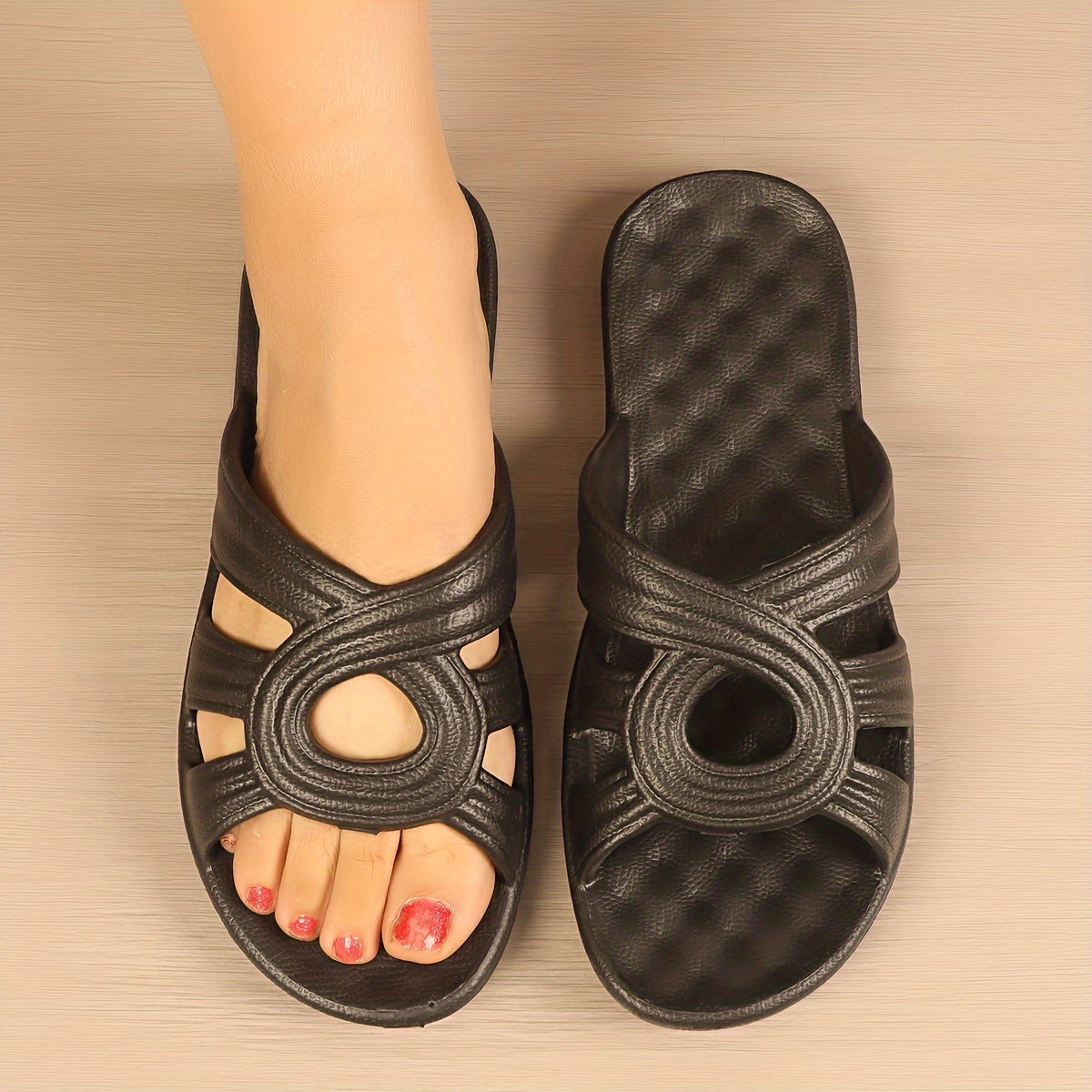 Stylish Womens Hollow Out Flat Slides - Soft, Breathable, Minimalist Design, Solid Color, Summer Outdoor Shoes for Holiday, Beach, Pool, and Casual Wear