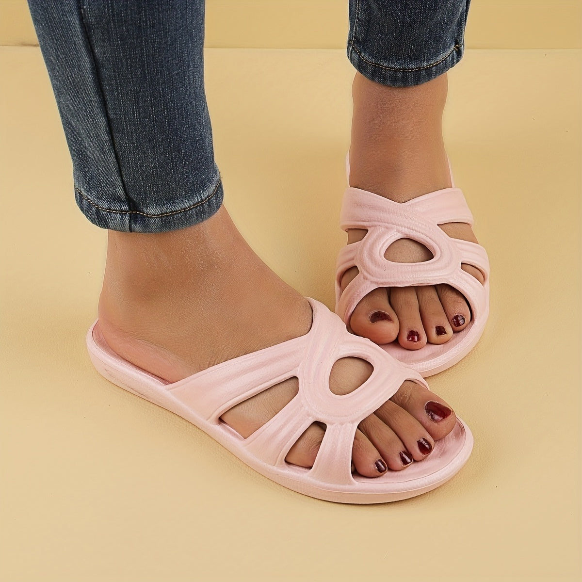 Stylish Womens Hollow Out Flat Slides - Soft, Breathable, Minimalist Design, Solid Color, Summer Outdoor Shoes for Holiday, Beach, Pool, and Casual Wear