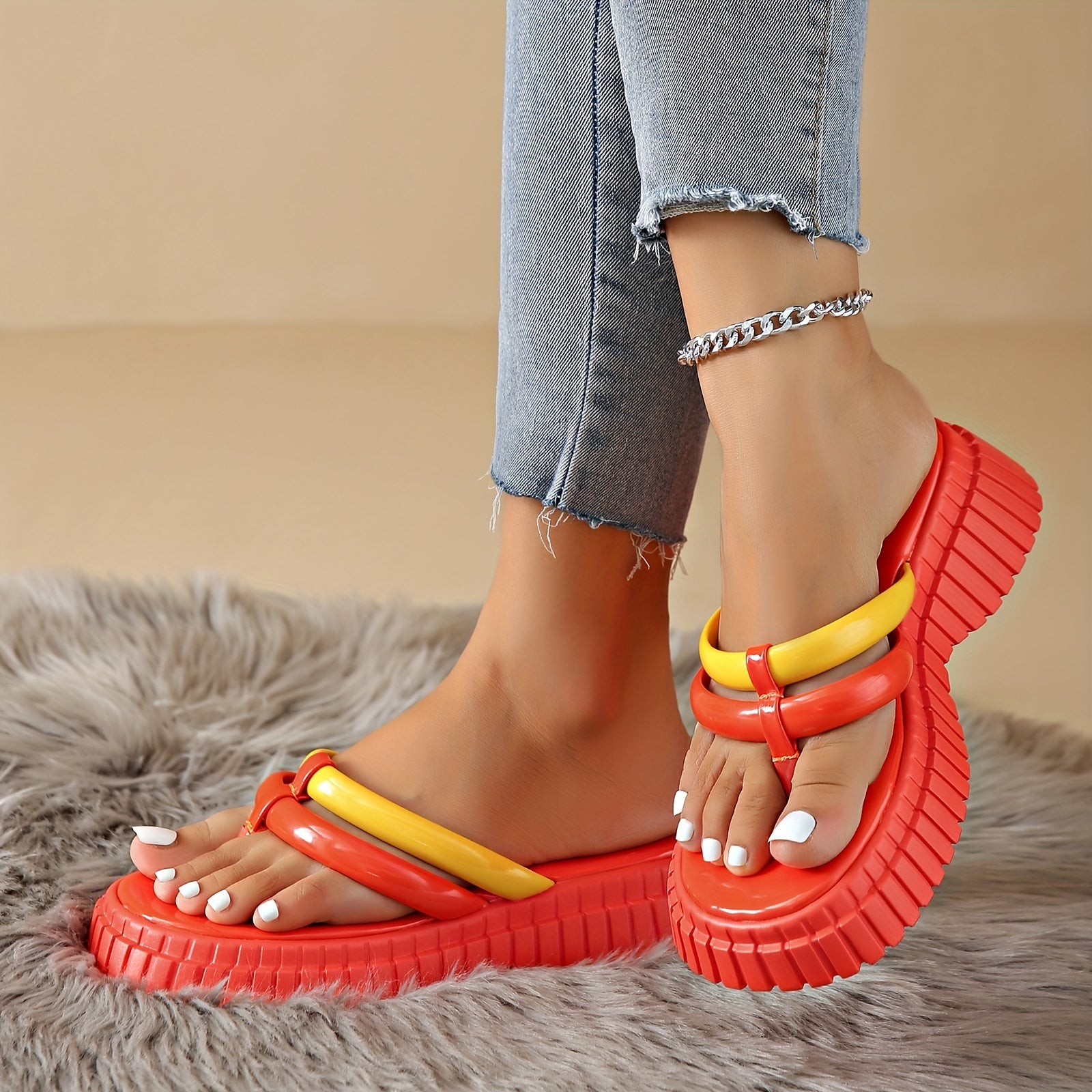 [Thick Sole Trendy Flip Flop] Women's Trendy Solid Color Thick Sole Flip Flop, Soft Comfortable Non Slip Sports Sandals, Casual Versatile Open Toe Slides Slippers