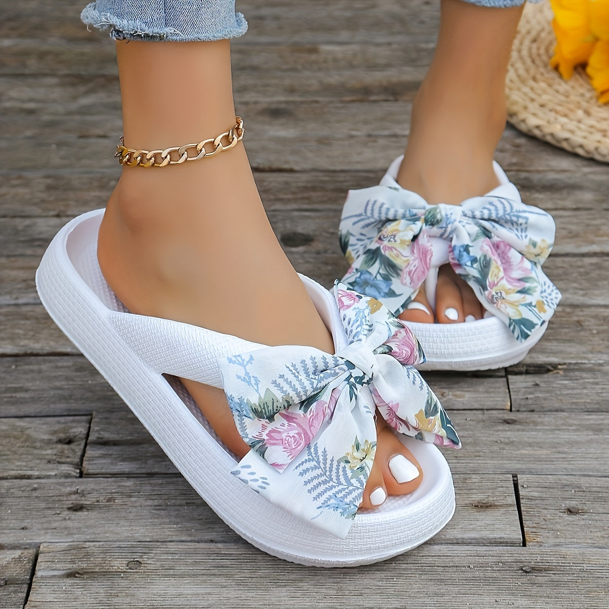 Elevated Womens Flip Flops - Fashionable Solid Color with Soft Cushioned Platform - Ultra-Comfortable Slip-On Design, Non-slip Beach Slides Enhanced with Stylish Floral Bowknot Decor