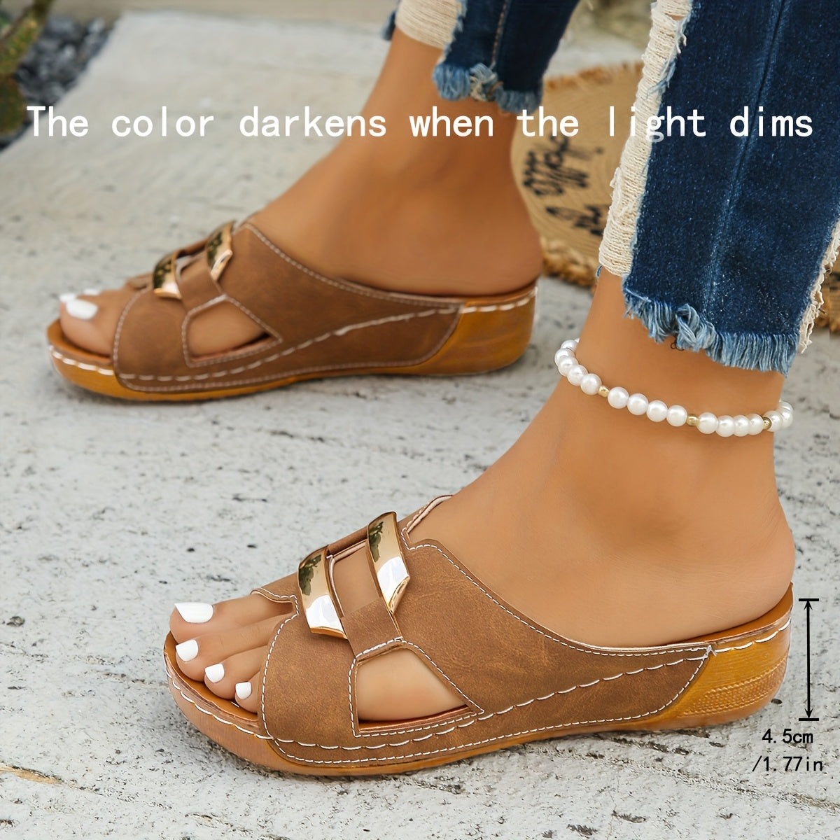 [Women's Wide Width Sandals] Women's Wide Width Summer Sandals - Non-Slip Soft Sole, Open Toe Platform Wedge Heel, Thick Rubber Sole, Synthetic Cover Upper, Brown & Golden Accents for Beach, Casual Outings, Strappy Sandals, Beach Footwear, Fashionable