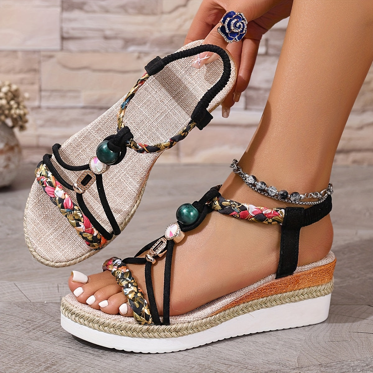 [Elegant Sandals] Elegant ZM Bohemian Style Thick Sole Heightening Sandals | Classic Lightweight Breathable Casual Braided Elastic Wedge