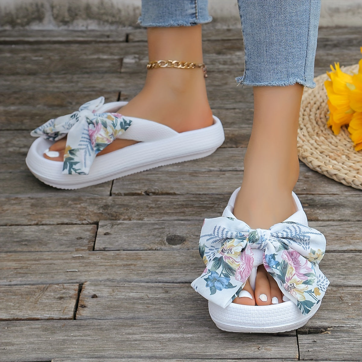 Elevated Womens Flip Flops - Fashionable Solid Color with Soft Cushioned Platform - Ultra-Comfortable Slip-On Design, Non-slip Beach Slides Enhanced with Stylish Floral Bowknot Decor