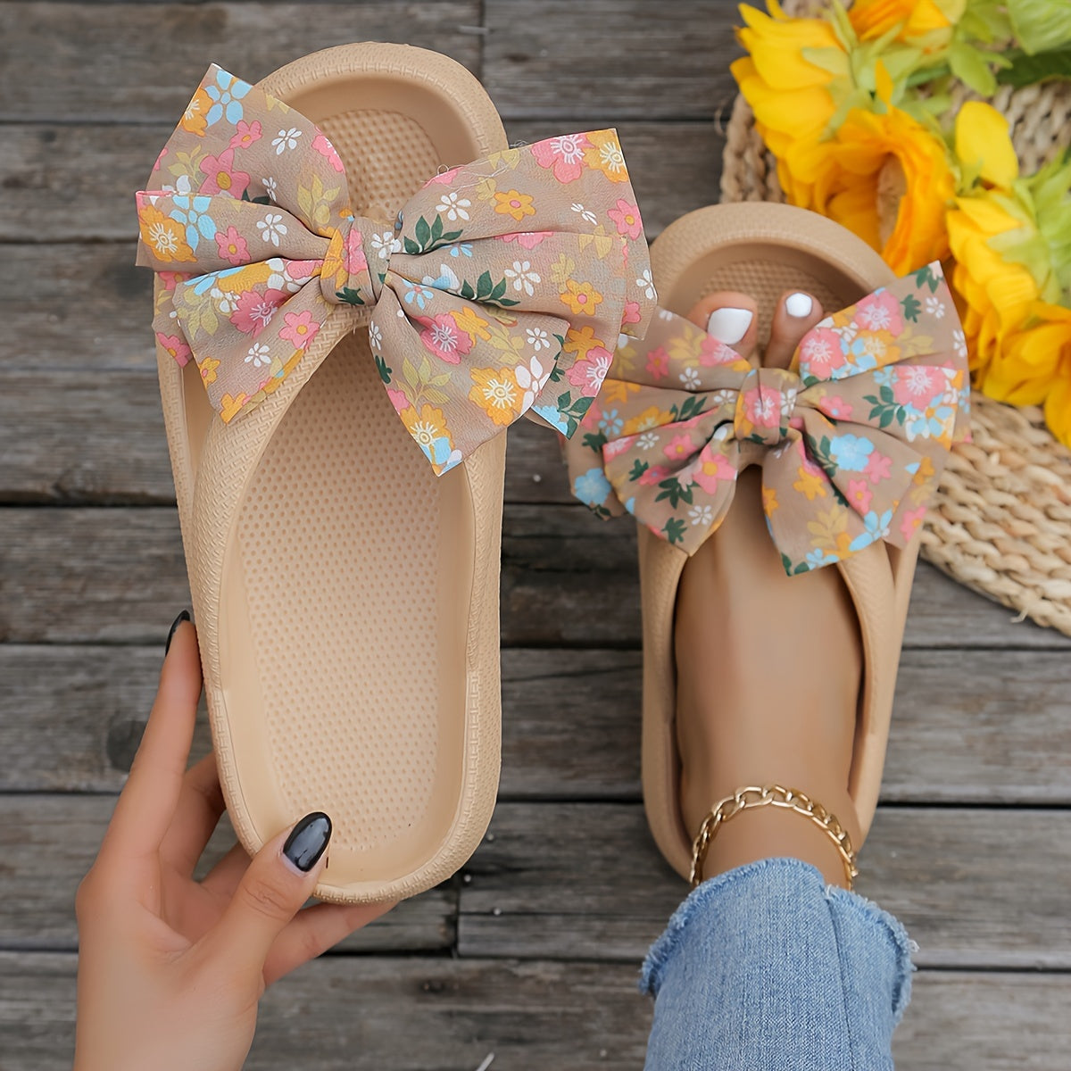 Elevated Womens Flip Flops - Fashionable Solid Color with Soft Cushioned Platform - Ultra-Comfortable Slip-On Design, Non-slip Beach Slides Enhanced with Stylish Floral Bowknot Decor