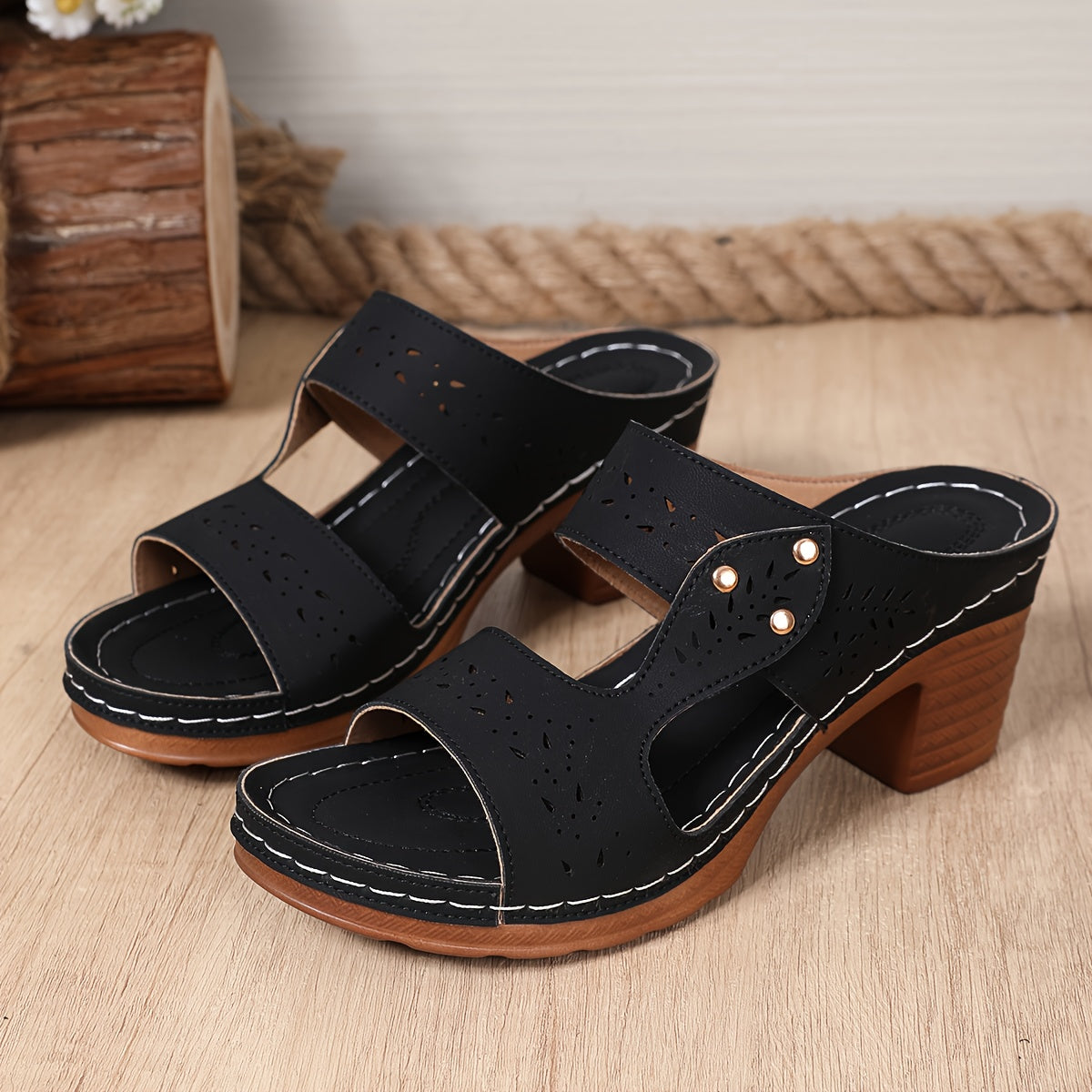 Women's Summer Adjustable Ankle Strap Wedge Sandals, Comfortable Non-Slip Thick Sole Casual Shoes with Breathable Details, Open Toe Design, Vacation Slides | Strappy Sandals with Metal Embellishments, Hand-Stitched, Fashionably Minimalist Elegant