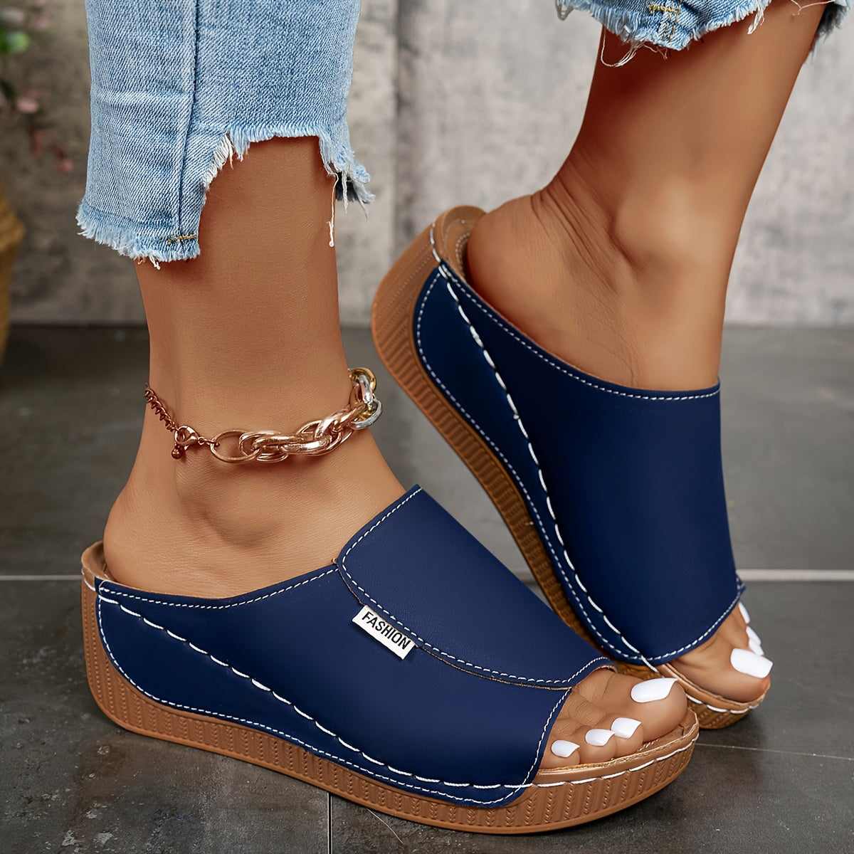 Women's Light Blue Open Toe Platform Sandals with Brown PU Cover Inner Layer, Comfortable Low Heel Summer Shoes, 6cm Width, TPR Sole, Hand Wash or Dry Clean, Summer Footwear | Sleek Footwear | Cushioned Insole, Strappy Sandals