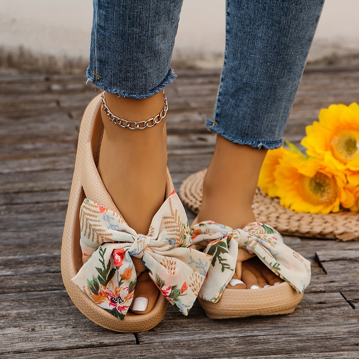 Elevated Womens Flip Flops - Fashionable Solid Color with Soft Cushioned Platform - Ultra-Comfortable Slip-On Design, Non-slip Beach Slides Enhanced with Stylish Floral Bowknot Decor