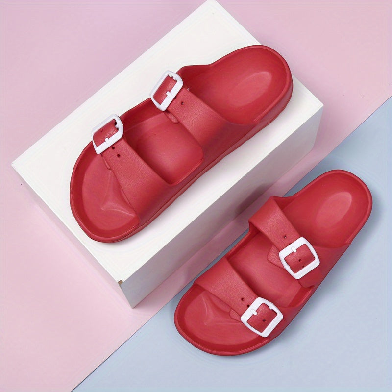Womens Solid Footbed Sandals - Stylish Open Toe Buckle Slides - Lightweight EVA for Summer Beach Sports & Casual Comfort