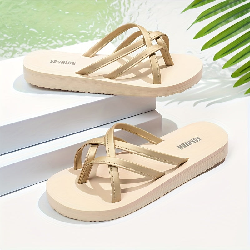 [Summer Slip-On Flip-Flops] Elegant Women's Summer Slip-On Flip-Flops | Cross Strap, Open Toe, Low Heel, Solid Color, EVA Sole, Synthetic Upper & Insole | Casual and Beach Wear