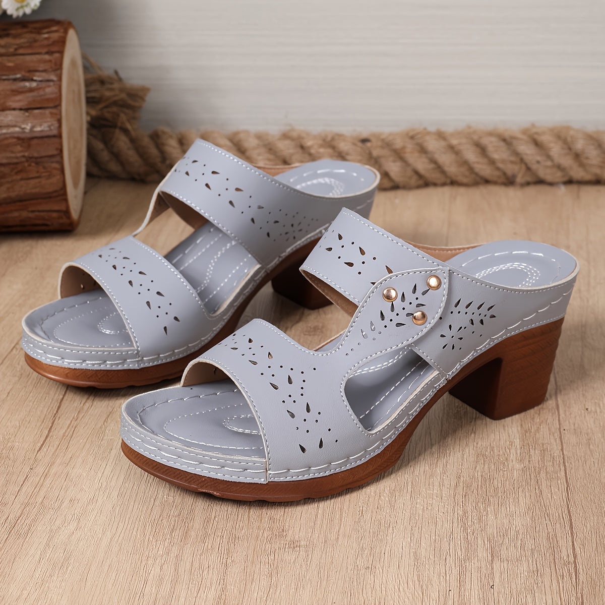 Women's Summer Adjustable Ankle Strap Wedge Sandals, Comfortable Non-Slip Thick Sole Casual Shoes with Breathable Details, Open Toe Design, Vacation Slides | Strappy Sandals with Metal Embellishments, Hand-Stitched, Fashionably Minimalist Elegant