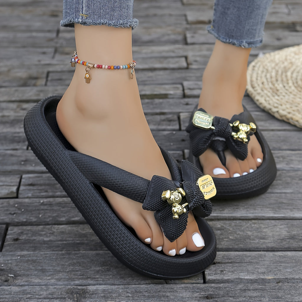 [Cute Bear Flip Flops] Soft Cloud Slides Women's Summer Casual Flip Flops | Cute Cartoon Bear Bow Design, Thick Sole Non-Slip, Large Size Ladies Shoes, Flat Heel EVA Material, Beach Vacation Slip-On Slippers, Dorm Home Daily Leisure