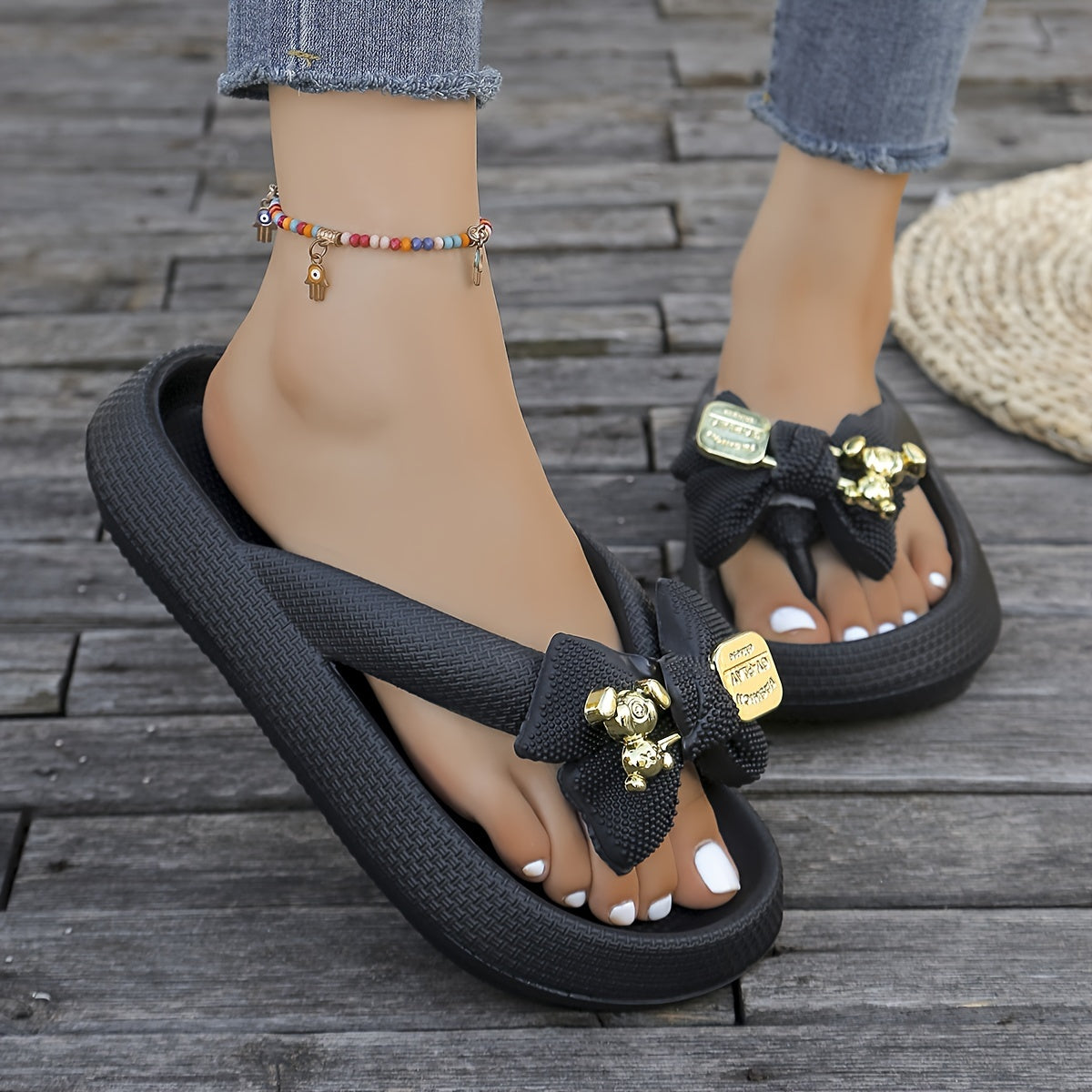 [Cute Bear Flip Flops] Soft Cloud Slides Women's Summer Casual Flip Flops | Cute Cartoon Bear Bow Design, Thick Sole Non-Slip, Large Size Ladies Shoes, Flat Heel EVA Material, Beach Vacation Slip-On Slippers, Dorm Home Daily Leisure