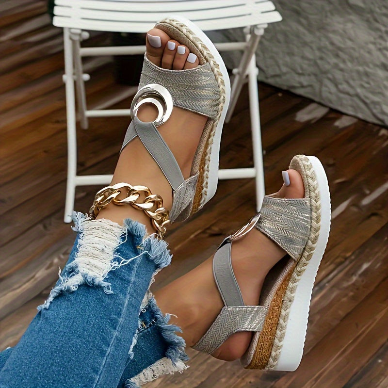 Women'S Strappy Back Wedge Sandals - Summer Casual Open Toe Shoes with Metallic Accents, EVA Sole & Fabric Upper, Slip-On Design