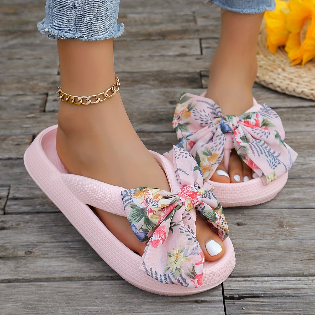 Elevated Womens Flip Flops - Fashionable Solid Color with Soft Cushioned Platform - Ultra-Comfortable Slip-On Design, Non-slip Beach Slides Enhanced with Stylish Floral Bowknot Decor