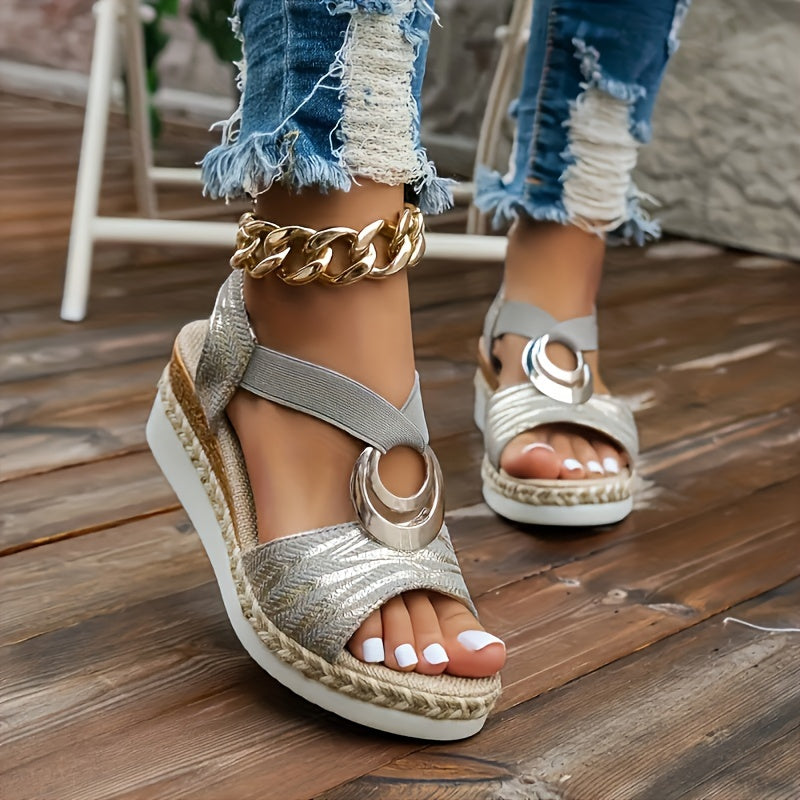 Women'S Strappy Back Wedge Sandals - Summer Casual Open Toe Shoes with Metallic Accents, EVA Sole & Fabric Upper, Slip-On Design