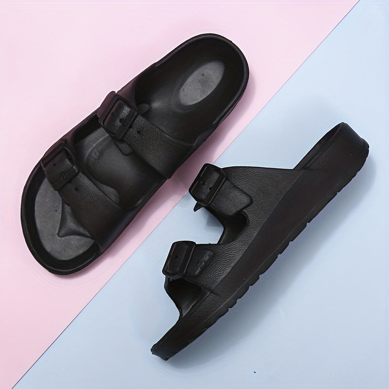 Womens Solid Footbed Sandals - Stylish Open Toe Buckle Slides - Lightweight EVA for Summer Beach Sports & Casual Comfort