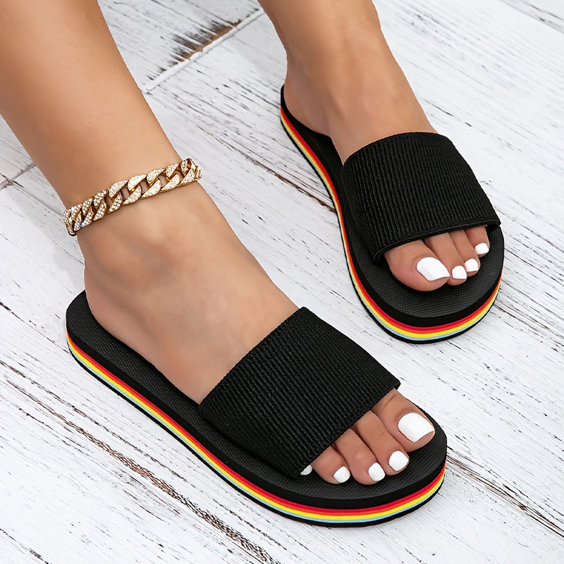 [Stylish Slip-On Sandals] Comfortable & Stylish Women's Rainbow Striped Slip-On Sandals | Open-Toe Flat Beach Slippers with EVA Sole, Breathable Fabric Upper & Cushioned Insole for Summer, Casual Outings, Poolside & Outdoor Activities, Beach Shoes,