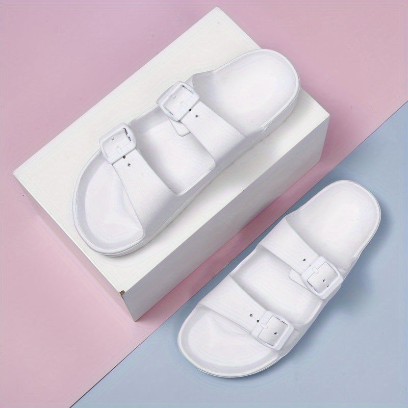 Womens Solid Footbed Sandals - Stylish Open Toe Buckle Slides - Lightweight EVA for Summer Beach Sports & Casual Comfort